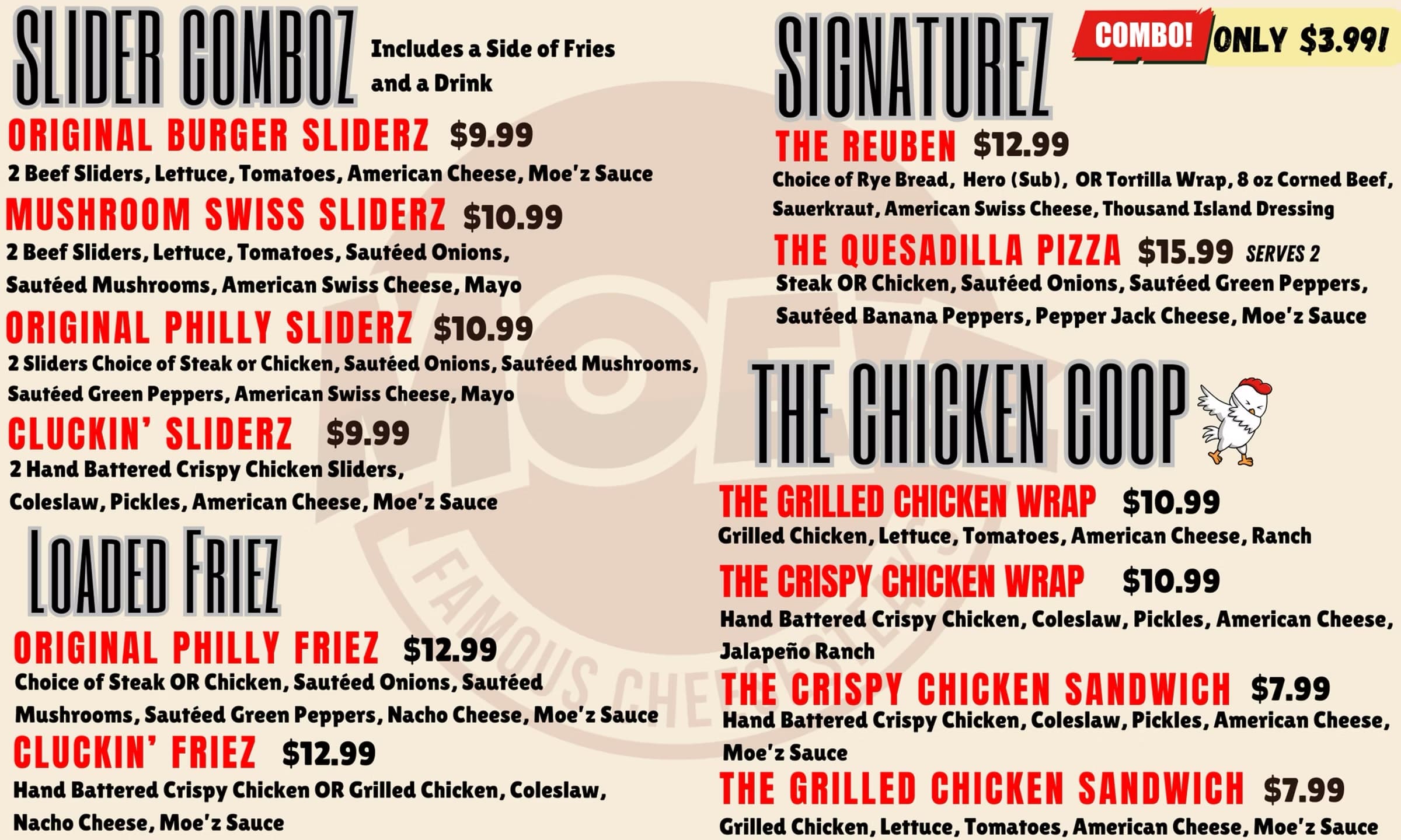Menu 2: Slider Comboz, Loaded Friez, Signaturez & Chicken Coop