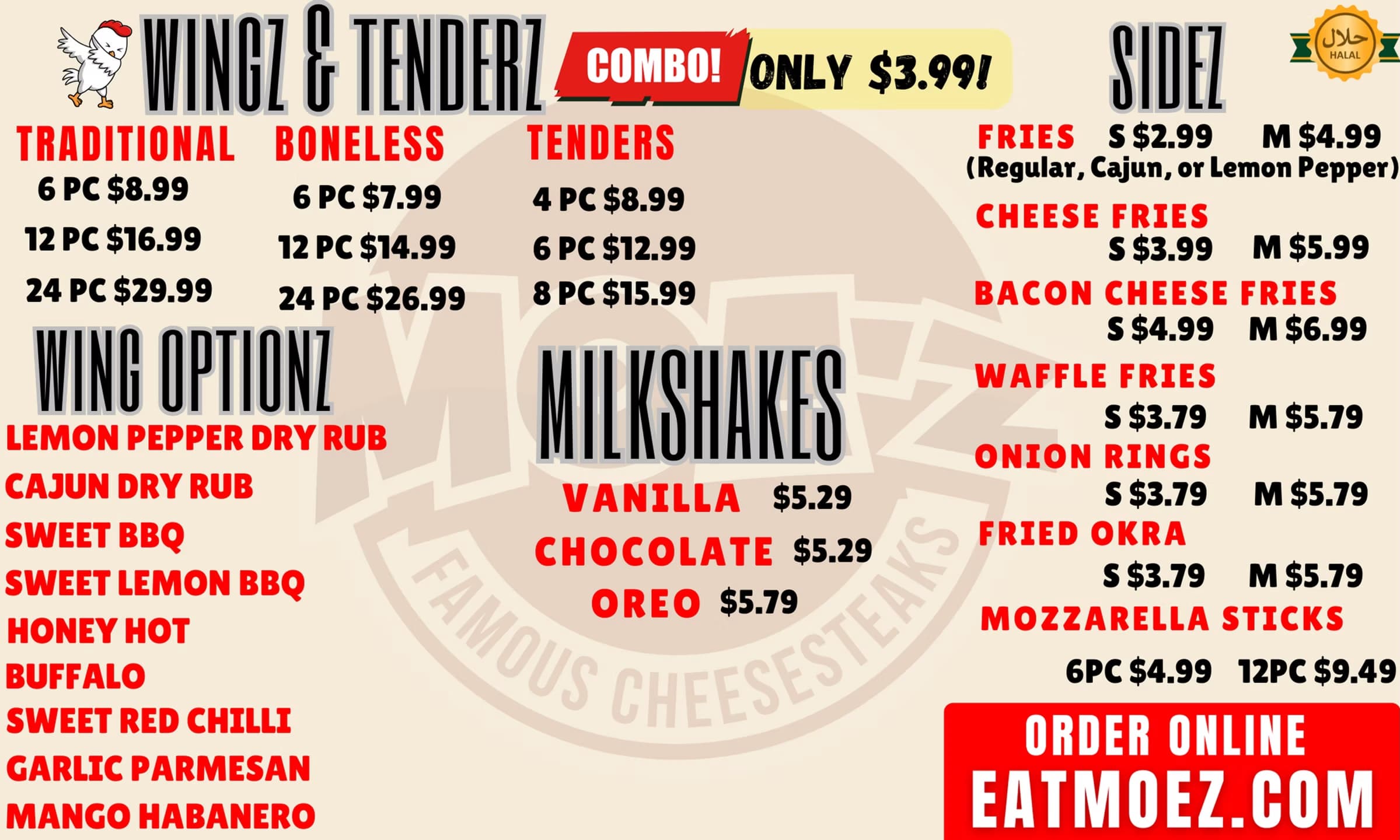Menu 3: Wingz, Tenderz, Sidez & Milkshakes